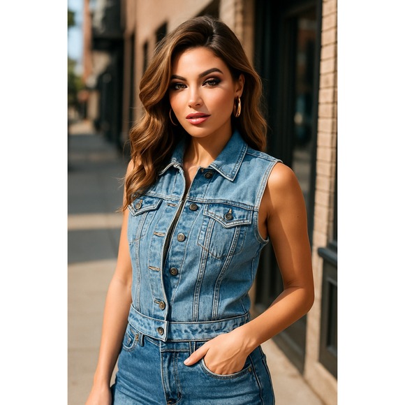 Gjg Jackets & Blazers - Women's Light Wash Denim Jean Vest GJG Sleeveless Button Up Distressed  Size S